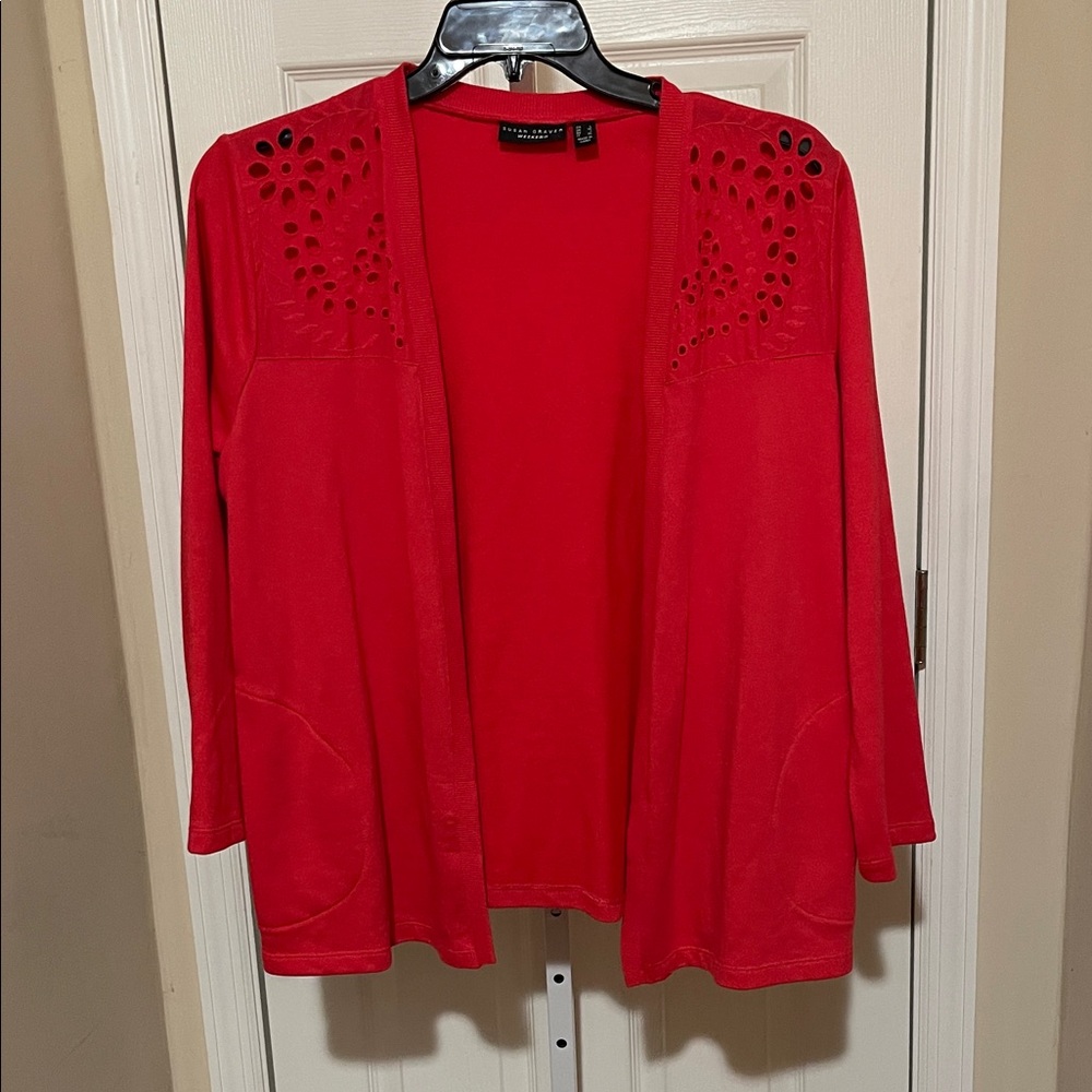 Susan Graver Red Women's Cardigan lace detail